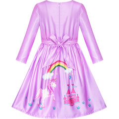 Girls Dress Long Sleeve Unicorn Castle Rainbow Purple Size 5-10 Years