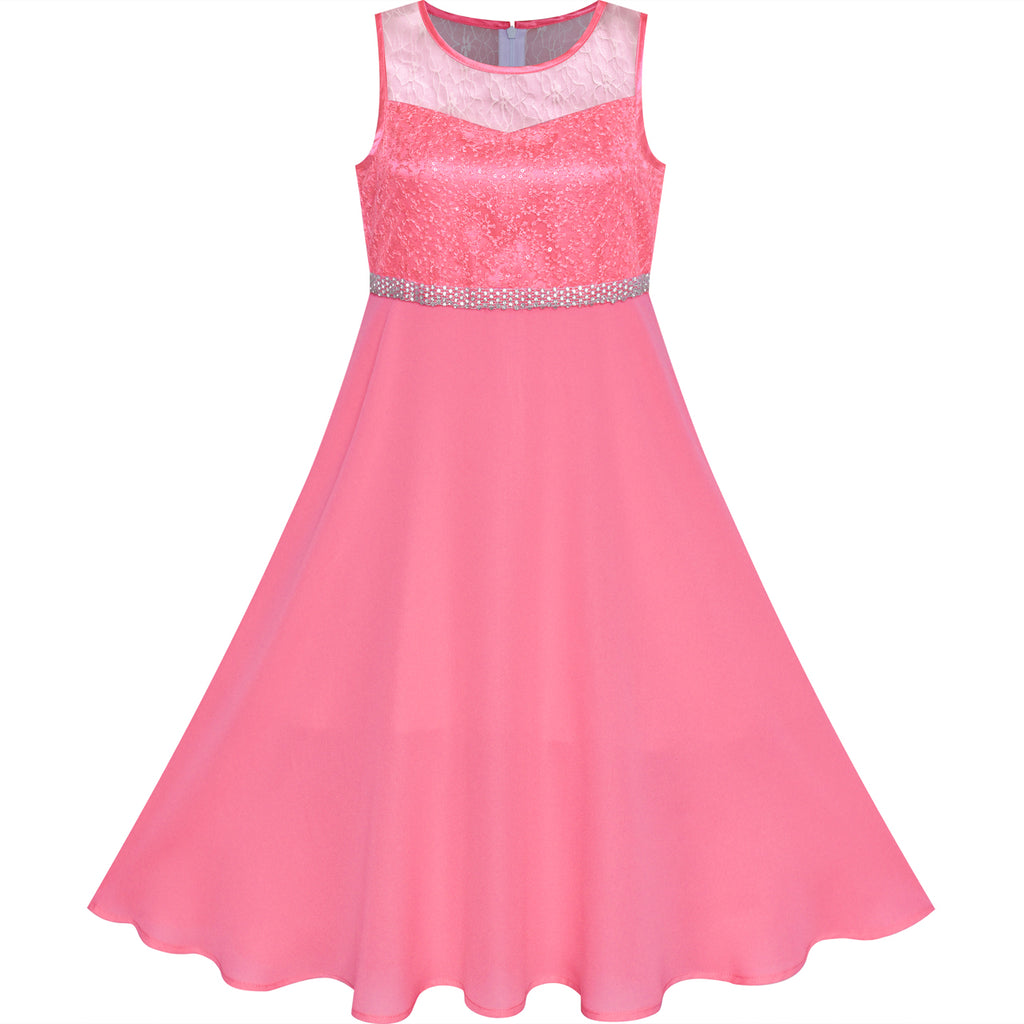 Girls Dress Coral Rhinestone Chiffon Bridesmaid Dance Maxi Gown Size 6-14 Years