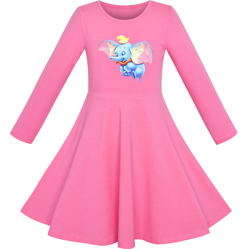 Girls Dress Pink Elephant Dumbo Embroidered Long Sleeve Size 4-8 Years