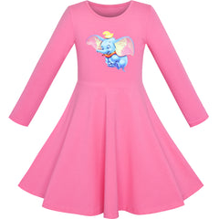 Girls Dress Pink Elephant Dumbo Embroidered Long Sleeve Size 4-8 Years