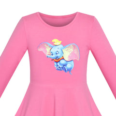 Girls Dress Pink Elephant Dumbo Embroidered Long Sleeve Size 4-8 Years