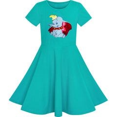 Girls Dress Green Elephant Dumbo Embroidered Short Sleeve Size 4-8 Years
