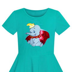 Girls Dress Green Elephant Dumbo Embroidered Short Sleeve Size 4-8 Years