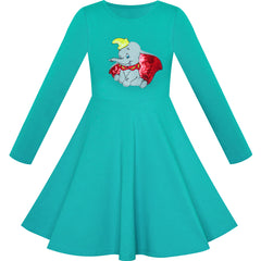 Girls Dress Green Elephant Dumbo Embroidered Long Sleeve Size 4-8 Years