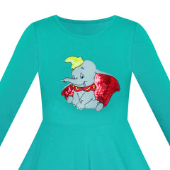 Girls Dress Green Elephant Dumbo Embroidered Long Sleeve Size 4-8 Years