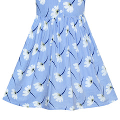 Girls Dress School Uniform Blue Flower Striped Print White Collar Size 4-10 Years
