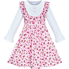 Girls Dress Flower Long Sleeve Cotton Causal Dress Size 3-12 Years