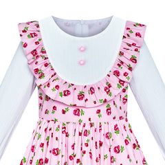 Girls Dress Flower Long Sleeve Cotton Causal Dress Size 3-12 Years