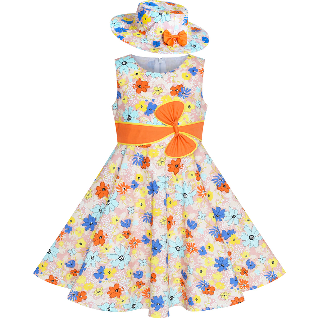 2 Pieces Girls Dress Hat Colorful Flower Party Holiday Size 4-12 Years