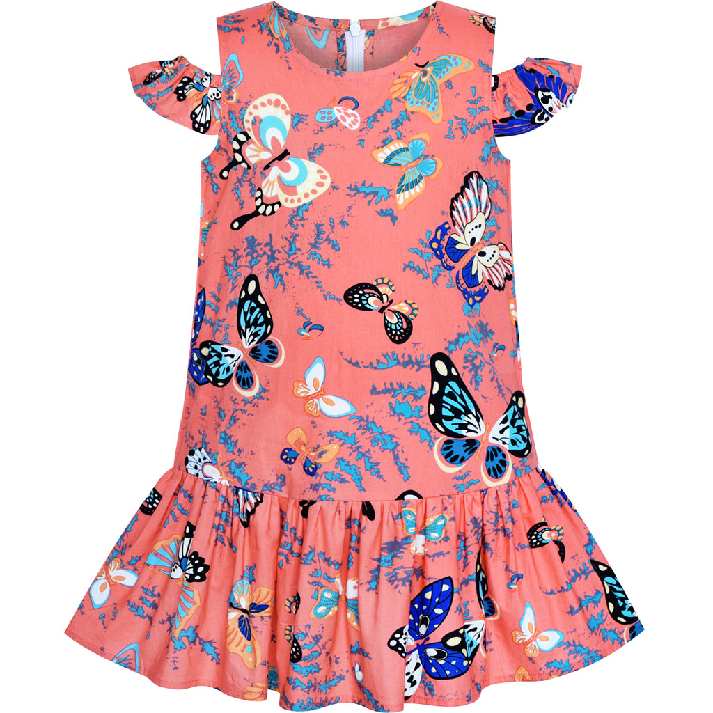 Girls Dress Cold Shoulder Ruffle Cotton Casual Sundress Size 4-8 Years