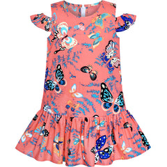 Girls Dress Cold Shoulder Ruffle Cotton Casual Sundress Size 4-8 Years