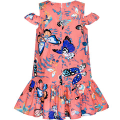 Girls Dress Cold Shoulder Ruffle Cotton Casual Sundress Size 4-8 Years