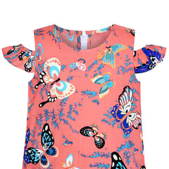 Girls Dress Cold Shoulder Ruffle Cotton Casual Sundress Size 4-8 Years