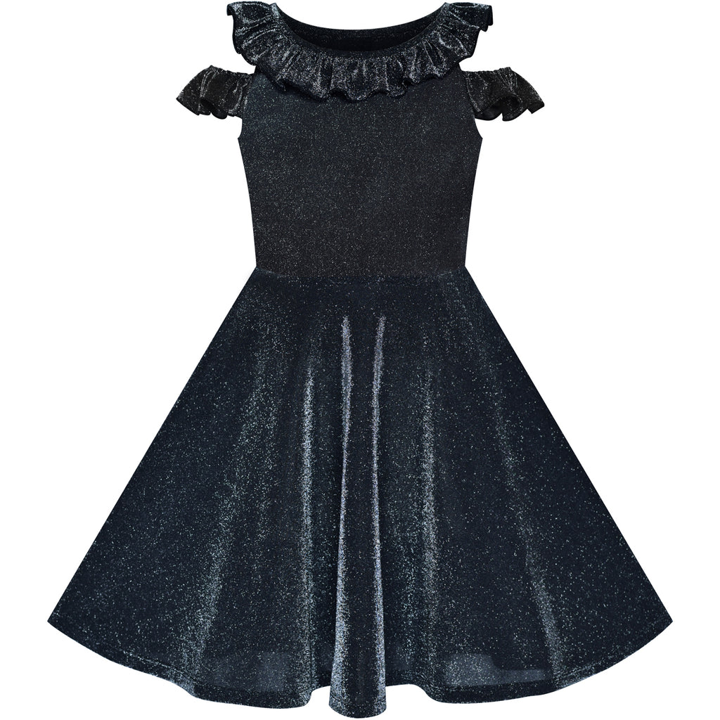 Girls Dress Cold Shoulder Black Dress Sparkling Birthday Size 6-12 Years