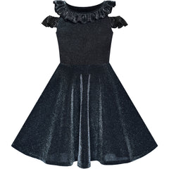 Girls Dress Cold Shoulder Black Dress Sparkling Birthday Size 6-12 Years