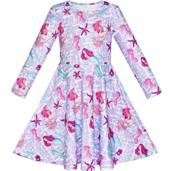 Girls Dress Mermaid Sea Star Shell Long Sleeve Casual Dress Size 5-10 Years