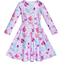 Girls Dress Mermaid Sea Star Shell Long Sleeve Casual Dress Size 5-10 Years