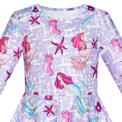 Girls Dress Mermaid Sea Star Shell Long Sleeve Casual Dress Size 5-10 Years