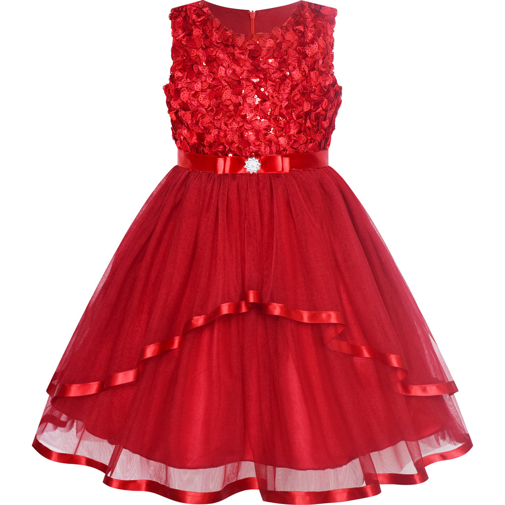 Flower Girls Dress Date Red Belted Wedding Party Bridesmaid Size 4-12 Years
