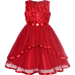 Flower Girls Dress Date Red Belted Wedding Party Bridesmaid Size 4-12 Years