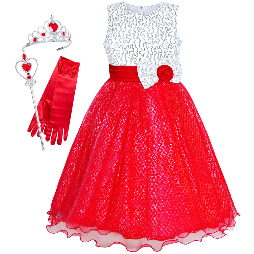 Girls Dress Sequin Crown Gloves Bridesmaid Wedding Pageant Size 4-14 Years