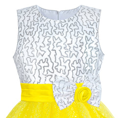 Girls Dress Yellow Sequin Crown Gloves Bridesmaid Wedding Pageant Size 4-14 Years