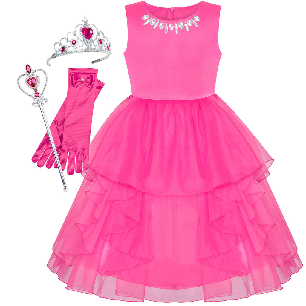 Flower Girls Dress Hot Pink Wedding Pageant Magic Wand Tiara Size 5-12 Years