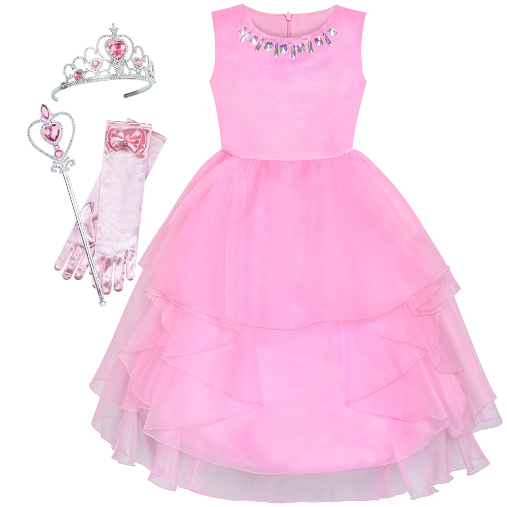 Flower Girls Dress Pink Wedding Pageant Magic Wand Tiara Size 5-12 Years