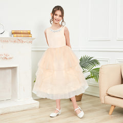 Flower Girls Dress Beige Wedding Pageant Magic Wand Crown Size 5-12 Years