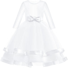 Girls Dress Long Sleeve White Ball Gown Wedding Party Pageant Size 6-12 Years