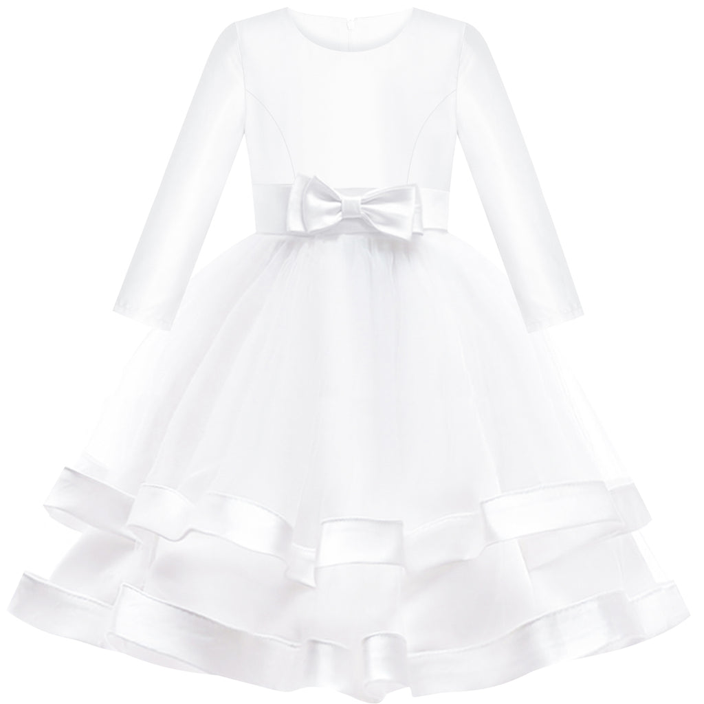 Girls Dress Long Sleeve White Ball Gown Wedding Party Pageant Size 6-12 Years