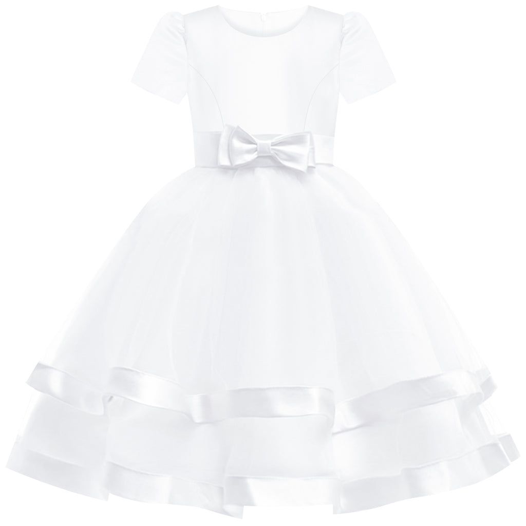 Girls Dress Short Sleeve White Ball Gown Wedding Party Pageant Size 6-12 Years