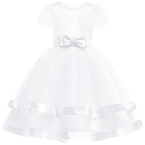 Girls Dress Short Sleeve White Ball Gown Wedding Party Pageant Size 6-12 Years