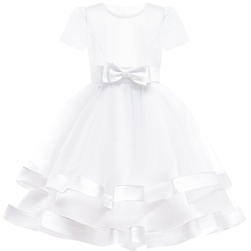 Girls Dress Short Sleeve White Ball Gown Wedding Party Pageant Size 6-12 Years