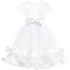 Girls Dress Short Sleeve White Ball Gown Wedding Party Pageant Size 6-12 Years