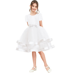 Girls Dress Short Sleeve White Ball Gown Wedding Party Pageant Size 6-12 Years