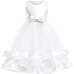 Girls Dress Sleeveless White Ball Gown Wedding Party Pageant Size 6-12 Years