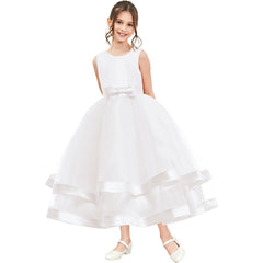 Girls Dress Sleeveless White Ball Gown Wedding Party Pageant Size 6-12 Years