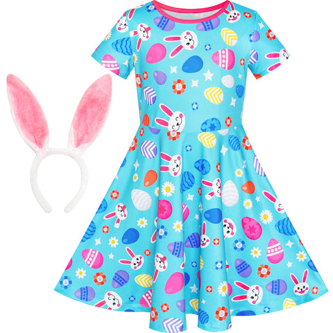 Girls Dress Easter Bunny Ears Headband Egg Hunt Size 3-10 Years