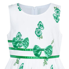 Girls Dress Green Casual Rose Flower Double Bow Tie Size 4-12 Years