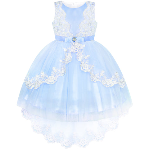 Flower Girl Dress Lace Hi-low Skirt Blue Wedding Pageant Size 6-12 Years