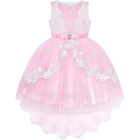 Flower Girl Dress Lace Hi-low Skirt Pink Wedding Pageant Size 6-12 Years