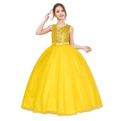 Flower Girl Dress Sleeveless Golden Ball Gown Wedding Pageant Size 6-12 Years