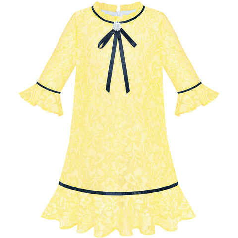 Girls Dress Lace Bow Tie Yellow Elegant 3/4 Sleeve Size 5-10 Years