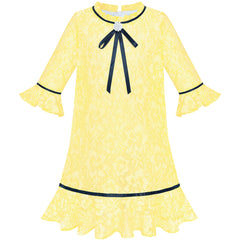 Girls Dress Lace Bow Tie Yellow Elegant 3/4 Sleeve Size 5-10 Years