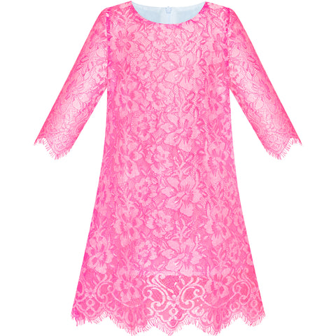 Girls Dress Lace Wave Hem Deep Pink Elegant Party Size 5-10 Years