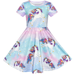 Girls Dress Blue Unicorn Short Sleeve Casual Dress Size 5-10 Years