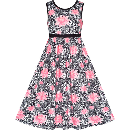 Girls Dress Tie Back Flower Casual Dress Party Size 4-14 Years