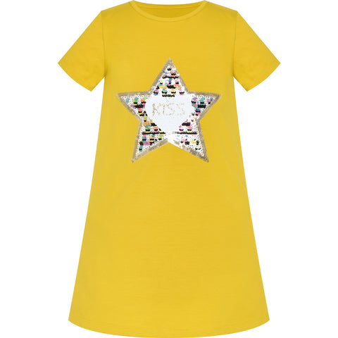 Girls Dress Cotton Casual Star Embroidered Violet Yellow Size 3-7 Years