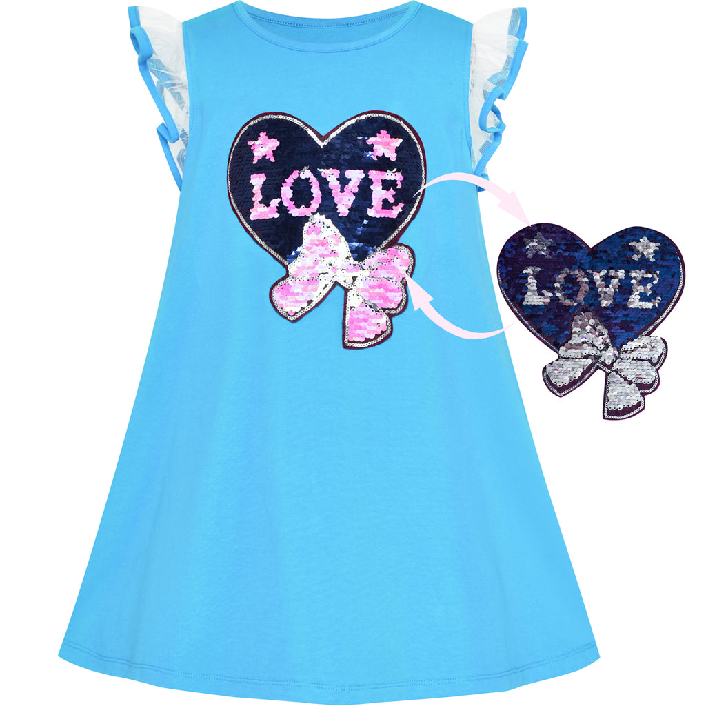 Girls Dress Cotton Casual Heart Bow Tie Embroidered Blue Size 3-7 Years